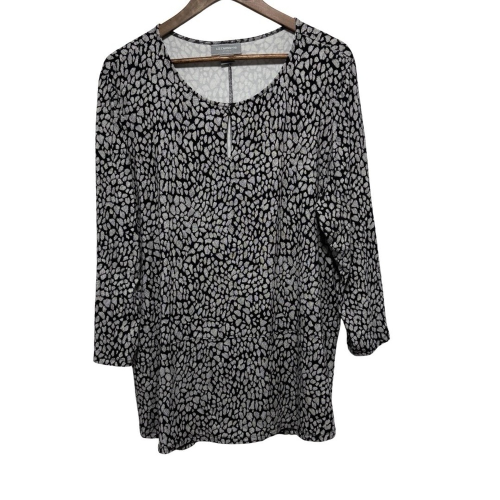 Liz Claiborne Tunic Womens XL Black Geometric 3/4 Sleeve Stretch Knit Top